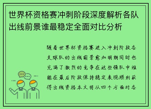 世界杯资格赛冲刺阶段深度解析各队出线前景谁最稳定全面对比分析