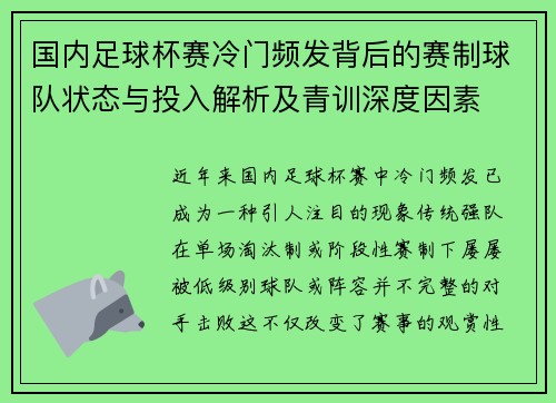 国内足球杯赛冷门频发背后的赛制球队状态与投入解析及青训深度因素
